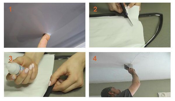 Нанесение заплатки на тканевый натяжной потолок: вырезается заплатка (2), на неё наносится прозрачный клей (3), заплатка наклеивается и аккуратно разглаживается (4).